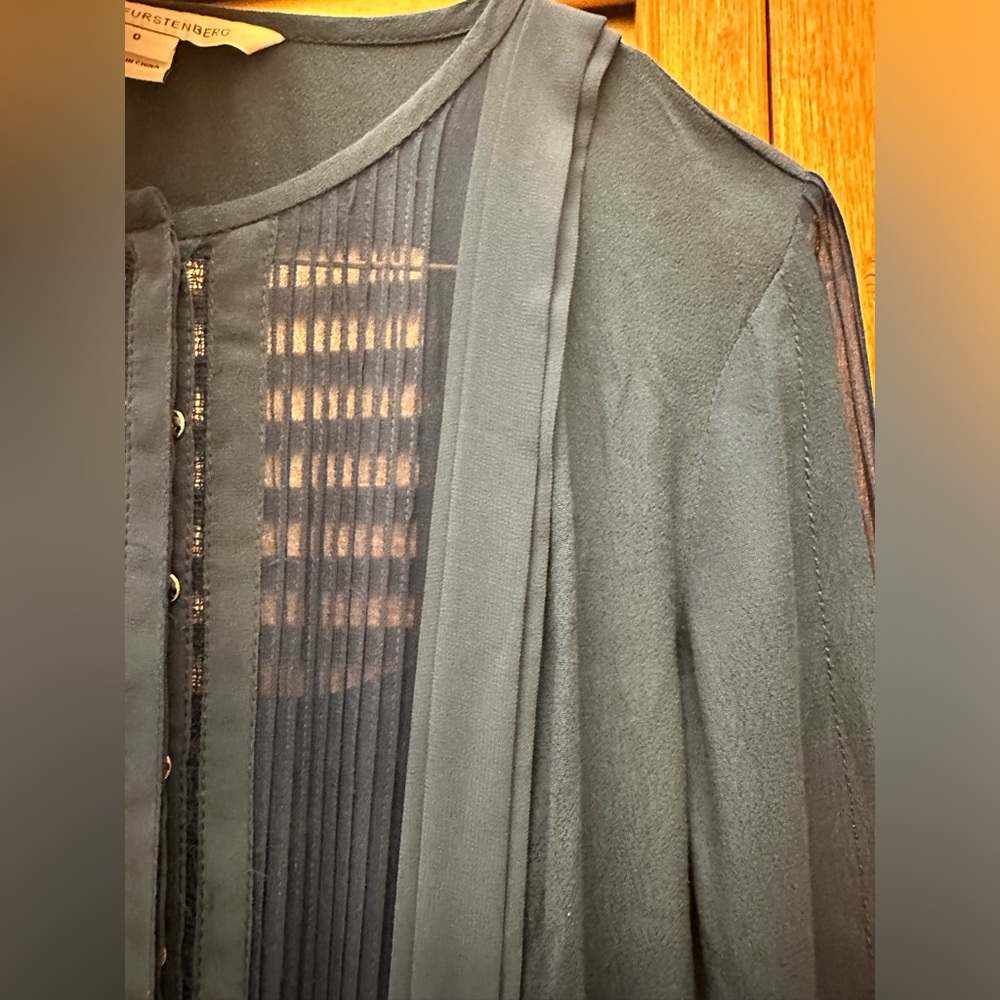 Diane Von Furstenberg New Slice Long Sleeved Heron Blue Silk Dress Size 0 - Picture 10 of 11